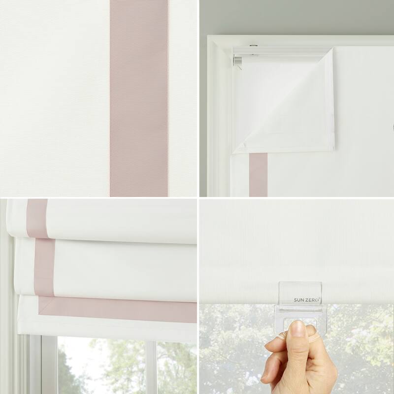 Sun Zero Hailey Pink Ribbon Border Total Blackout Cordless Roman Shade