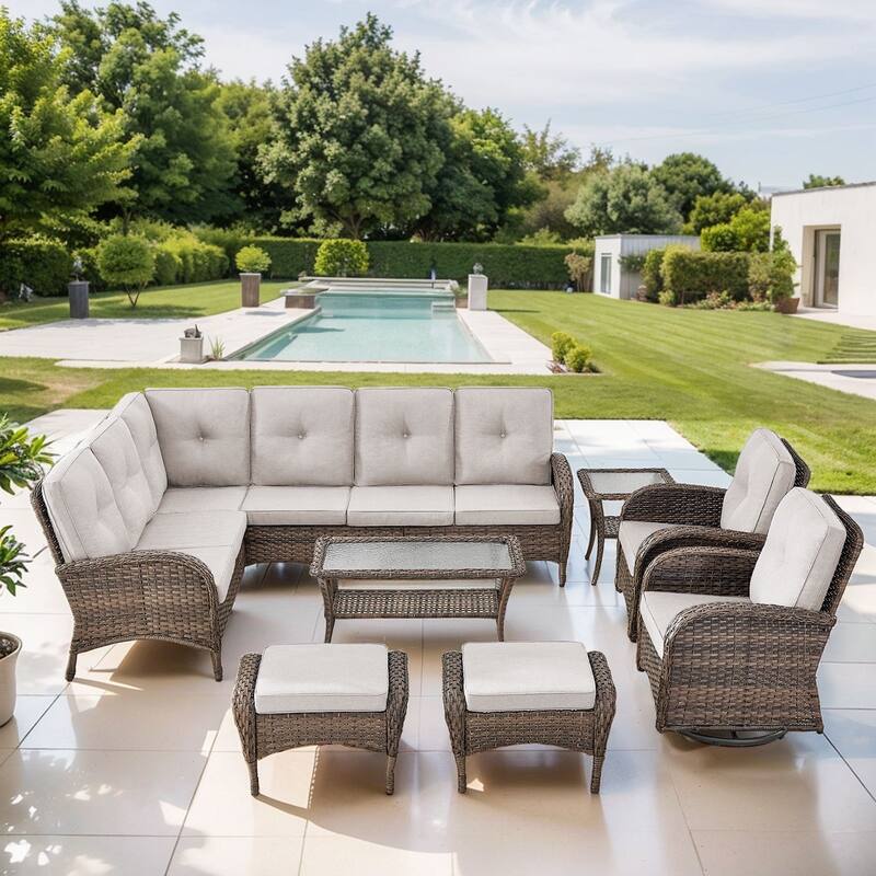 Gymojoy L-Shaped Outdoor Sectional Sofa Set, PE Wicker Couch with Water-Resistant Olefin Cushions - 7-Piece included Swivel Chairs - Beige