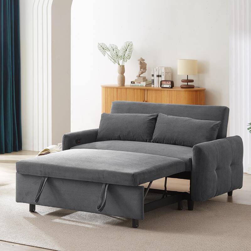 57.48" Corduroy Convertible Sofa Bed with Pull-Out Sleeper, Adjustable Backrest & USB