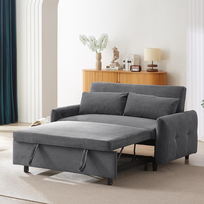 Pull Out Loveseat Sofa Convertible Sleeper LoveSeat Bed, Corduroy Recliner Sofa w2 Pillows & USB Ports 2-seat Armchair聽
