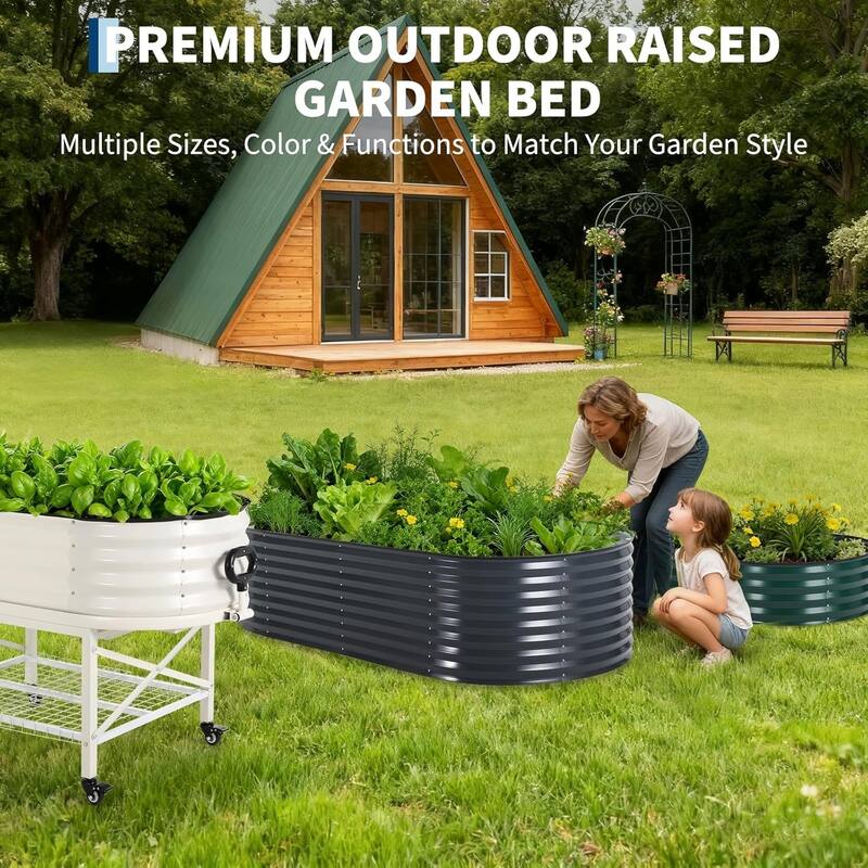 8x4x2 ft Oval Galvanized Steel Raised Garden Bed Kit with Zippered Cover - Open-Bottom Planter Gray