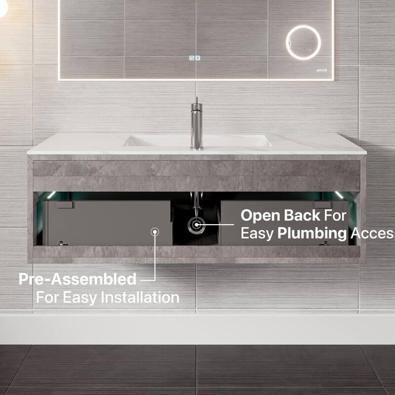 Aurora 36 in. Concrete Gray Wall Mount Single Sink Bath Vanity with Carrara Quartz Top and Undermount Porcelain Sink