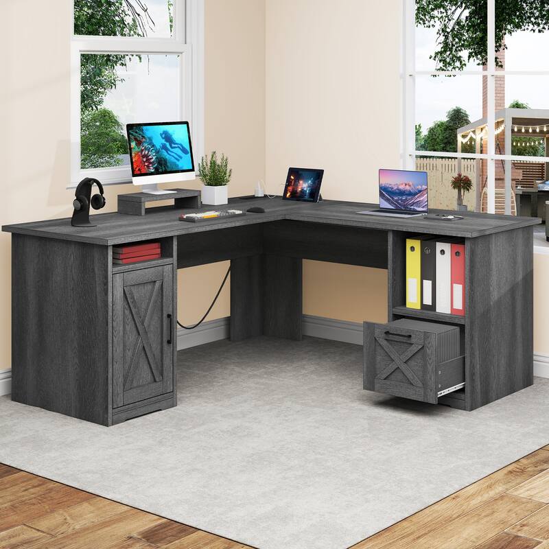 Moasis 59" L Shaped Office Desk with File Cabinet, Corner Computer Desk with Monitor Stand for Home Ofiice - Grey