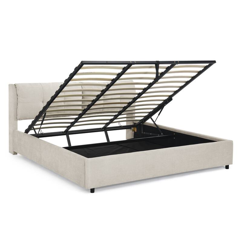 Roomfitters Queen/King Storage Upholstered Hydraulic Platform Bed with Integrated Headboard, Chenille Fabric