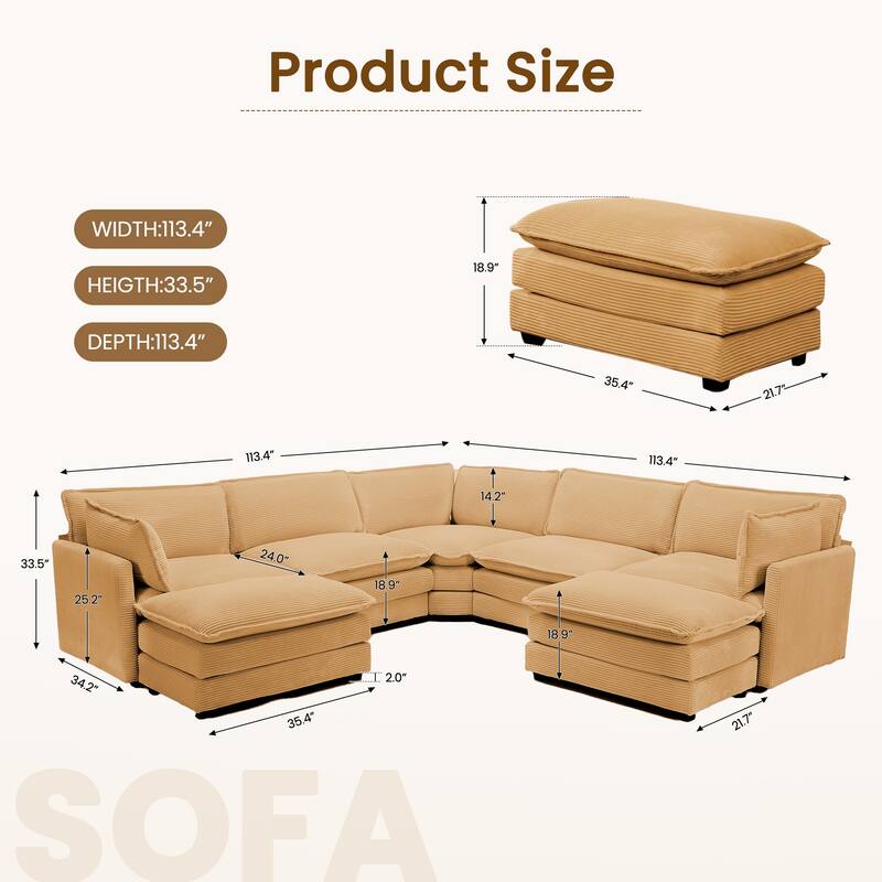7-Seater Corduroy Sectional Sofa with 2 Removable Ottomans & Corner Seat, Soft & Comfortable - 5 Seats with 2 Ottoman