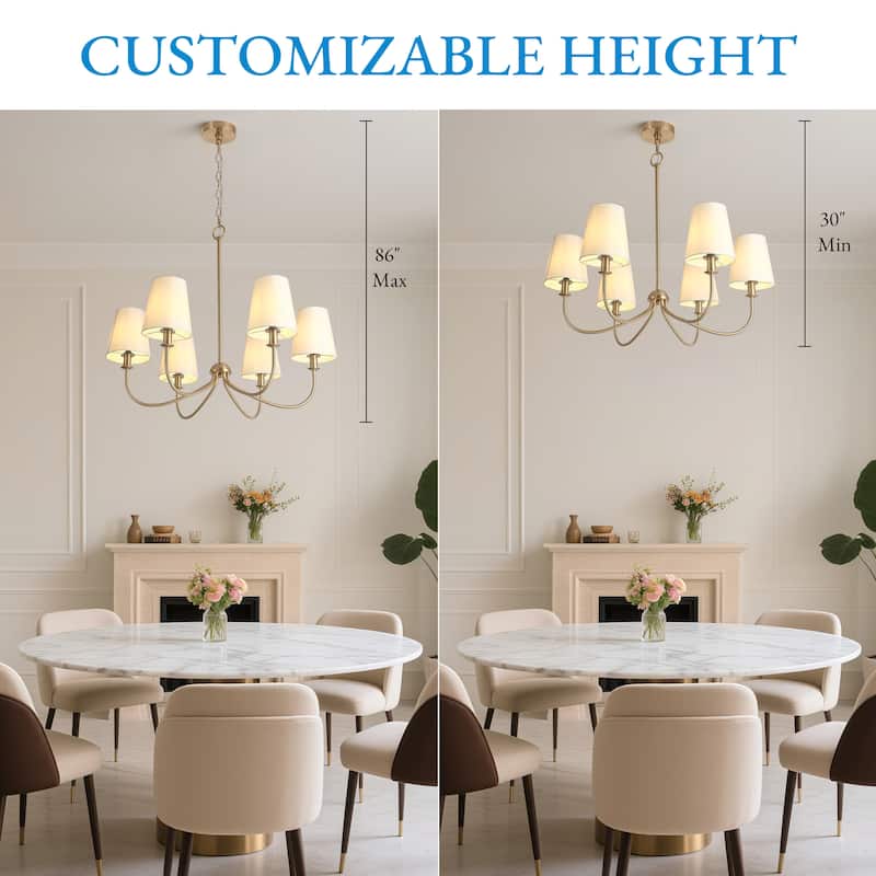 Mid-Century Modern Gold 6-Light Wheel Chandelier with Fabric Shade for Dining Room - 27" D x 24.5" H