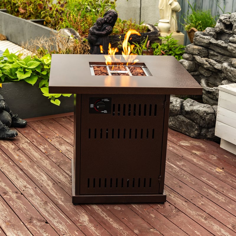 GDFStudio - Hayden 28-Inch Square Propane Fire Pit Table with Stainless Steel Lid and Dual-Use Dining Top - Brown