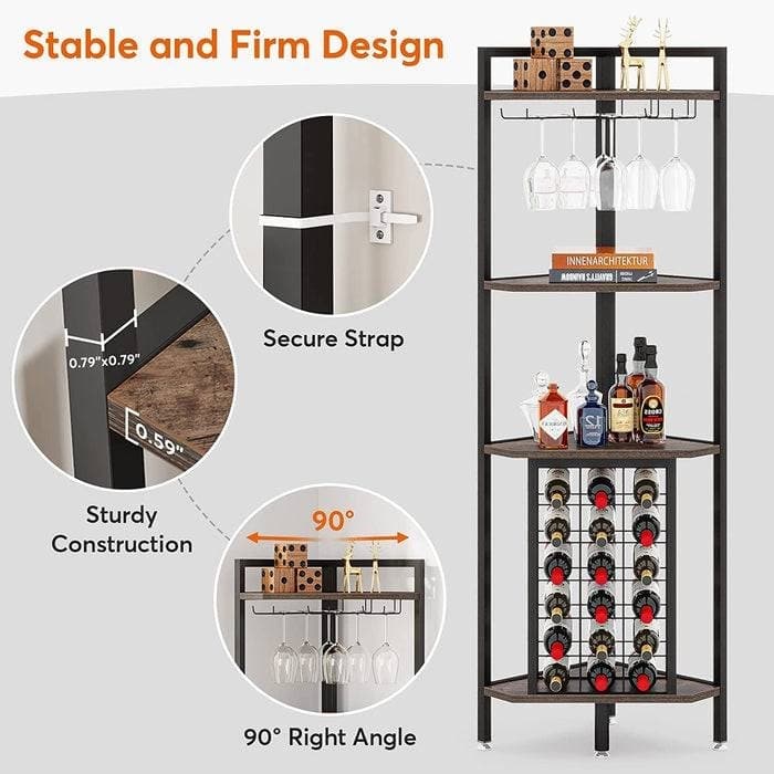Rustic Brown Black Metal 4-Tier Corner Wine Rack with Glass Holders - 15.75”L x 15.75”W x 63.38”H