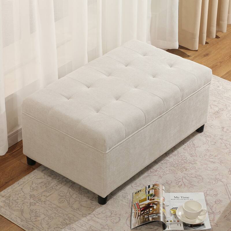 Adeco 35" Tufted Rectangular Storage Ottoman Bench - Off-White-Linen