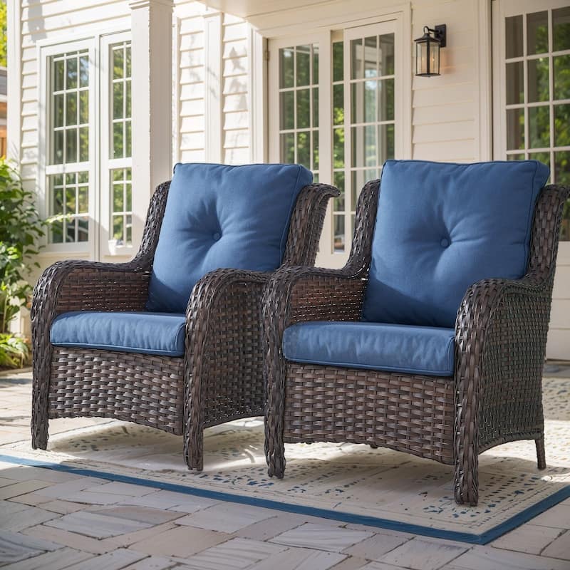 Gymojoy Wicker Patio Club Chairs with Olefin Weather-Resistant Cushions - 2-Piece - Brown Wicker / Blue Cusion