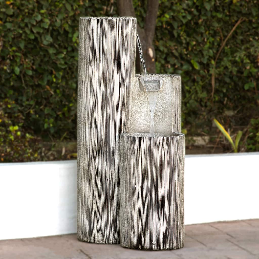 Alpine Corporation 41 Outdoor 3 Tiered Weathered Stone Water Fountain with Natural Stone Look Garden Water Feature