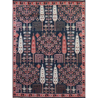 Hand Knotted Oriental 100% Wool Carpet Traditional Floral Navy Blue & Blues Heriz (serapi) Area Rug - 10' 0'' X 7' 10''
