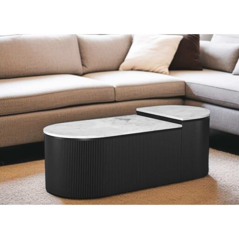 HomeRoots Set of Two Black And White Wood And Faux Marble Oval Drum Bunching Coffee Tables - 39' X '17.7' X '24