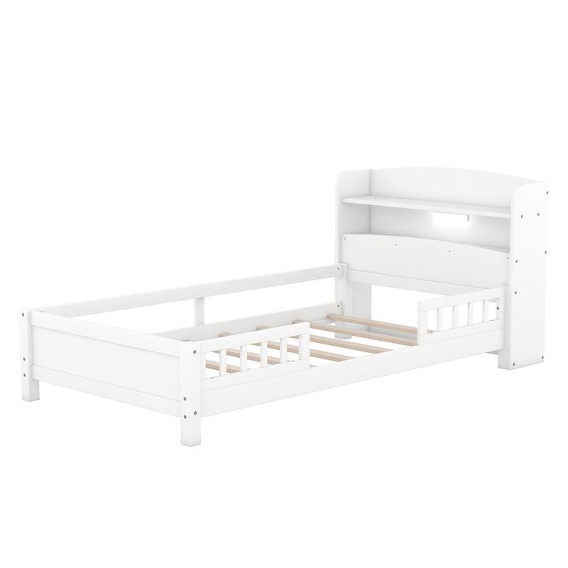 Multifunctional Wood Platform Bed, Twin/Full with LED Headboard Light & Storage