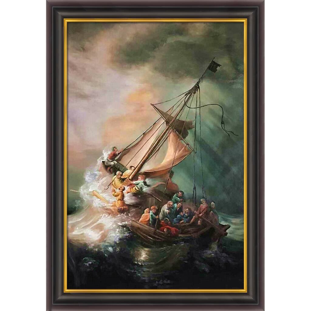 La Pastiche Rembrandt van Rijn 'The Storm on the Sea of Galilee' Hand Painted Framed Canvas Art - Multi-Color