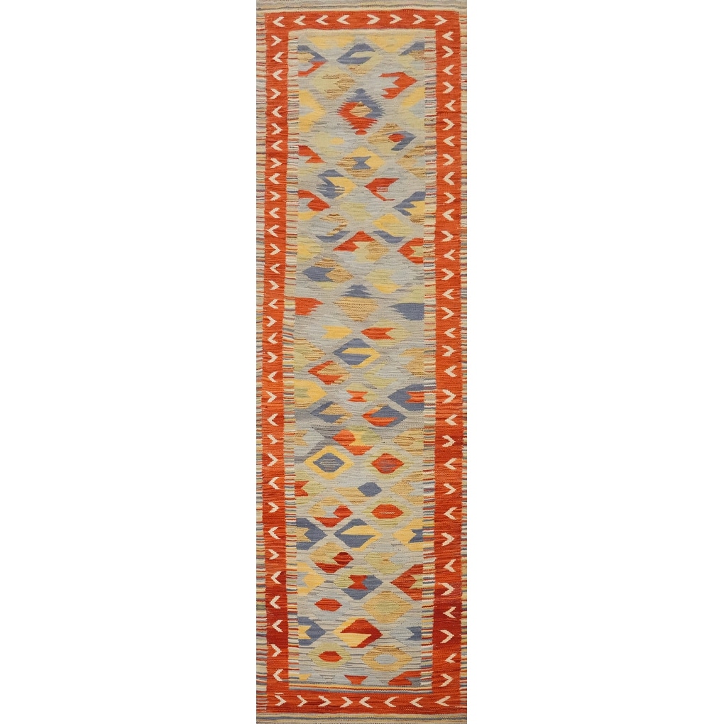 Hand Woven Oriental 100% Wool Carpet Southwestern Tribal Multi-Colored Kilim Runner Rug - 9' 9'' X 2' 5''