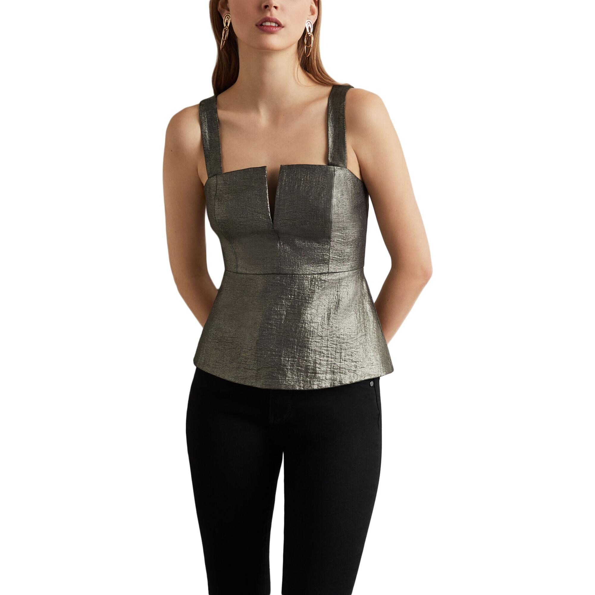 BCBGMAXAZRIA Womens Peplum Top Metallic