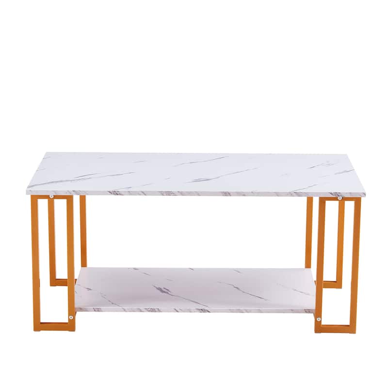 39.37 in. White and Gold Rectangle MDF Coffee Table with 2-Layer