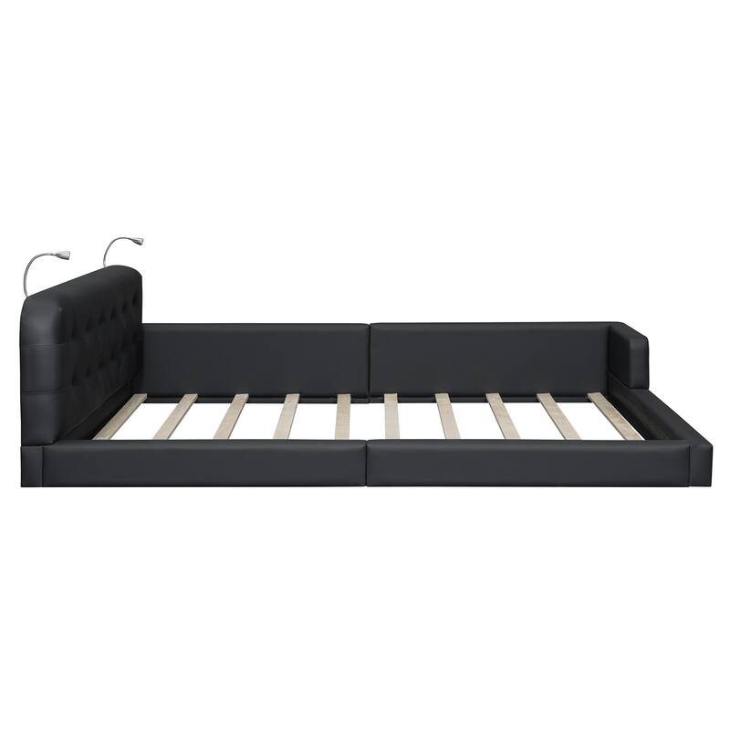 L-shape Platform Bed with Recessed Lights, Gingham Upholstered Queen Size
