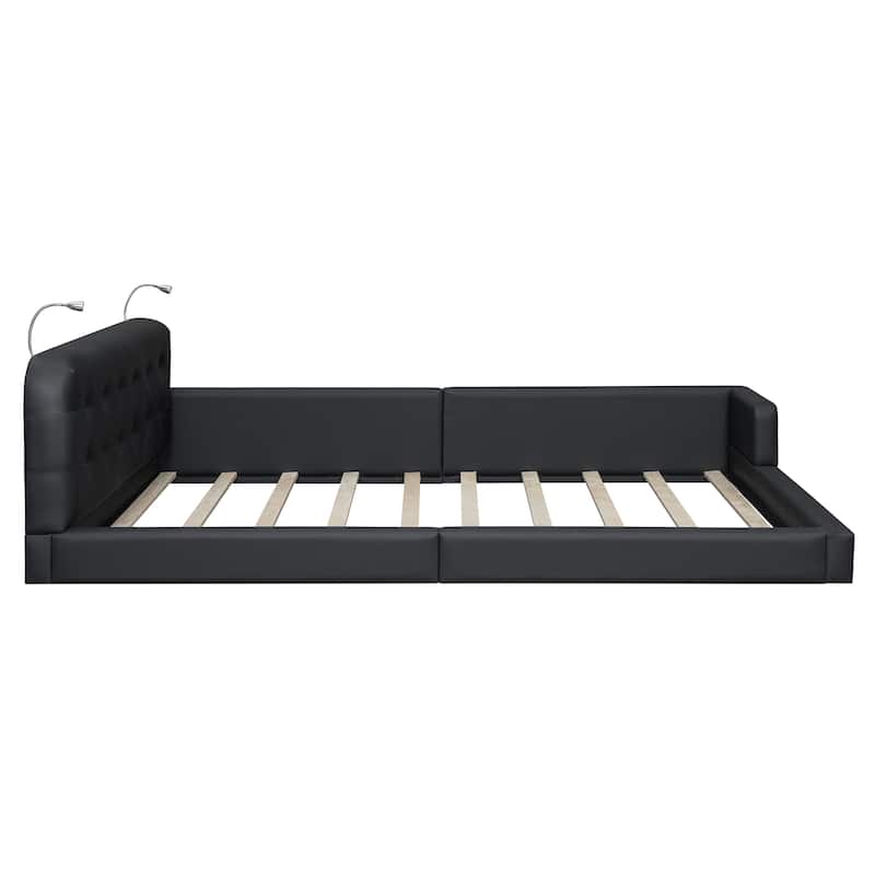 Queen Size Upholstered Platform Bed with 2 Reading Lights, Premium PU Leather Floor Bed Frame with Wooden Slats Support