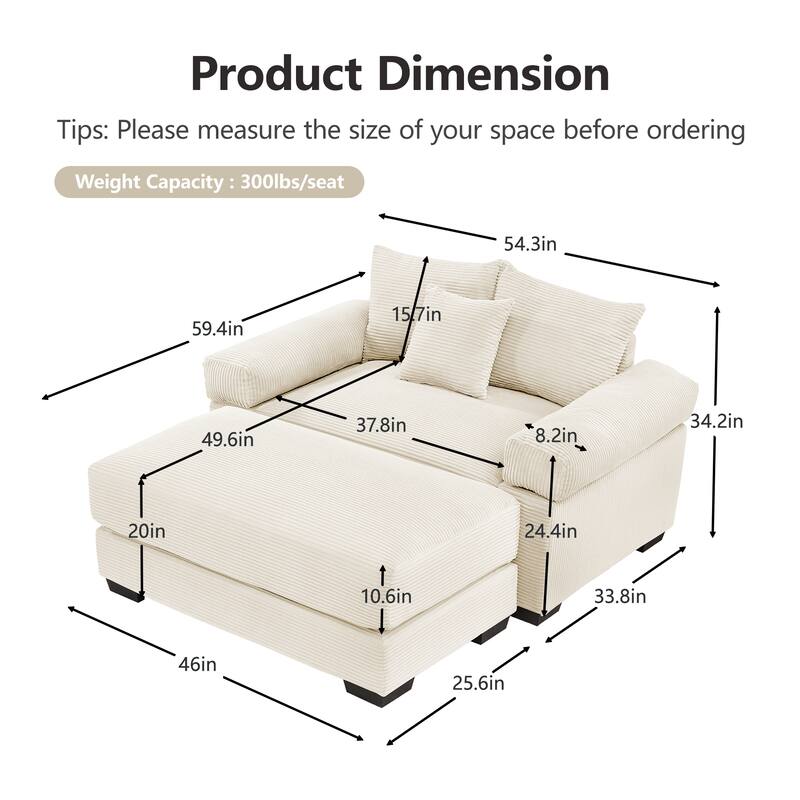 Roomfitters 54.3" Oversized Cloud Modular Sofa & Ottoman, Corduroy Deep Seat Couch with Thick Armrests