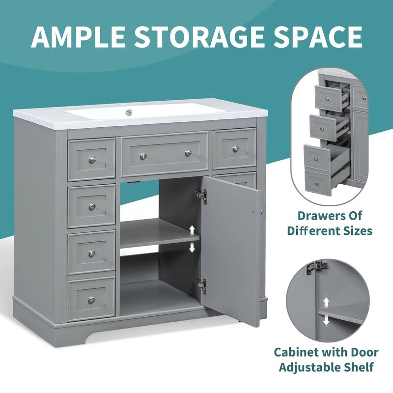 Modern 36" Freestanding Bathroom Vanity with Sink, Cabinet, Drawers & Adjustable Shelf