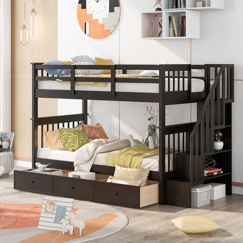 Stairway Twin-Over-Twin Bunk Bed with 3 Drawers and 3-Tier Shelves for Bedroom, Dorm - Espresso