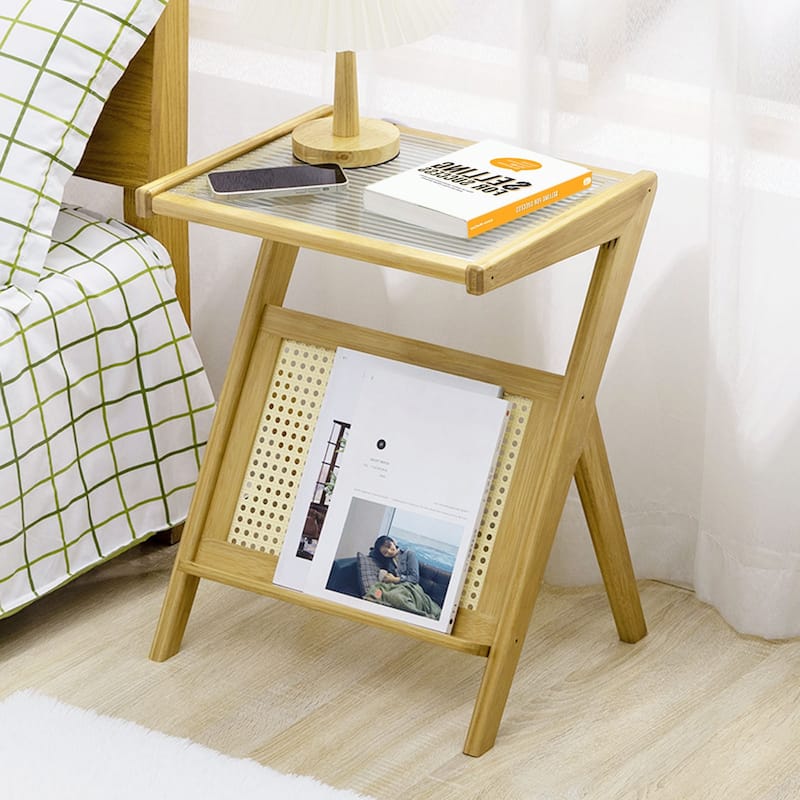Bamboo Glass Top End Table, Accent Side Table w/ Storage Rack