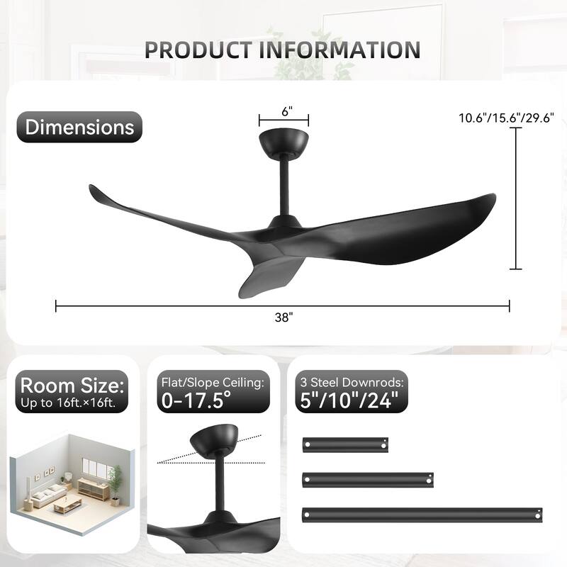 38''/52" Modern Ceiling Fan without Light, Remote Control and Reversible DC Motor Included