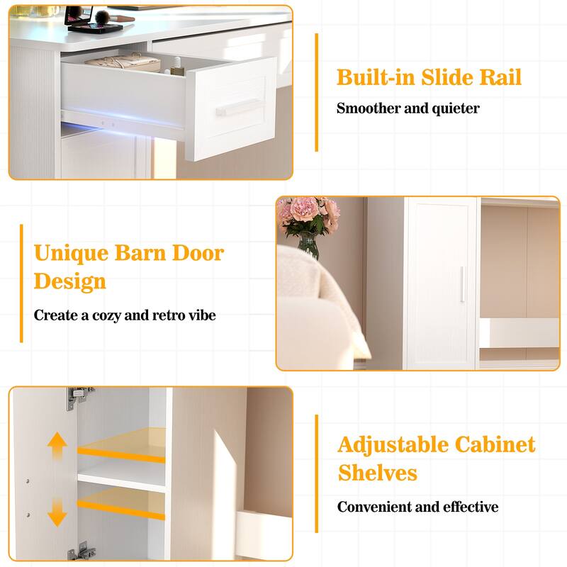 Modern Farmhouse Vanity Table with LED Mirror, Makeup Vanity Desk with Drawer, Cabinet, and Shelves