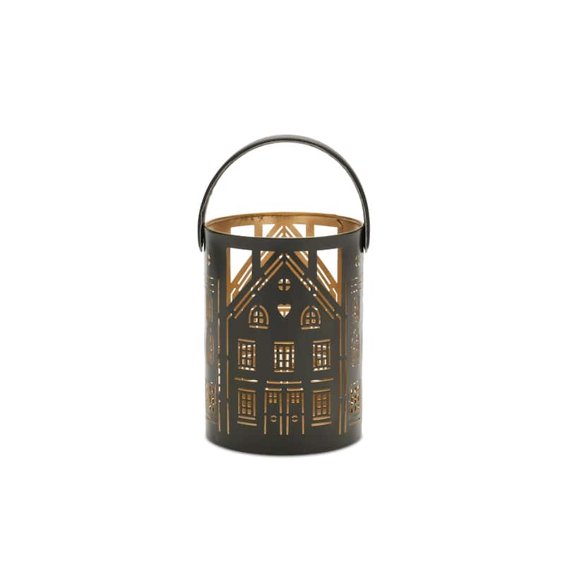 House Punched Metal Candle Lanterns - 12.75" - Black and Bronze - Set of 3