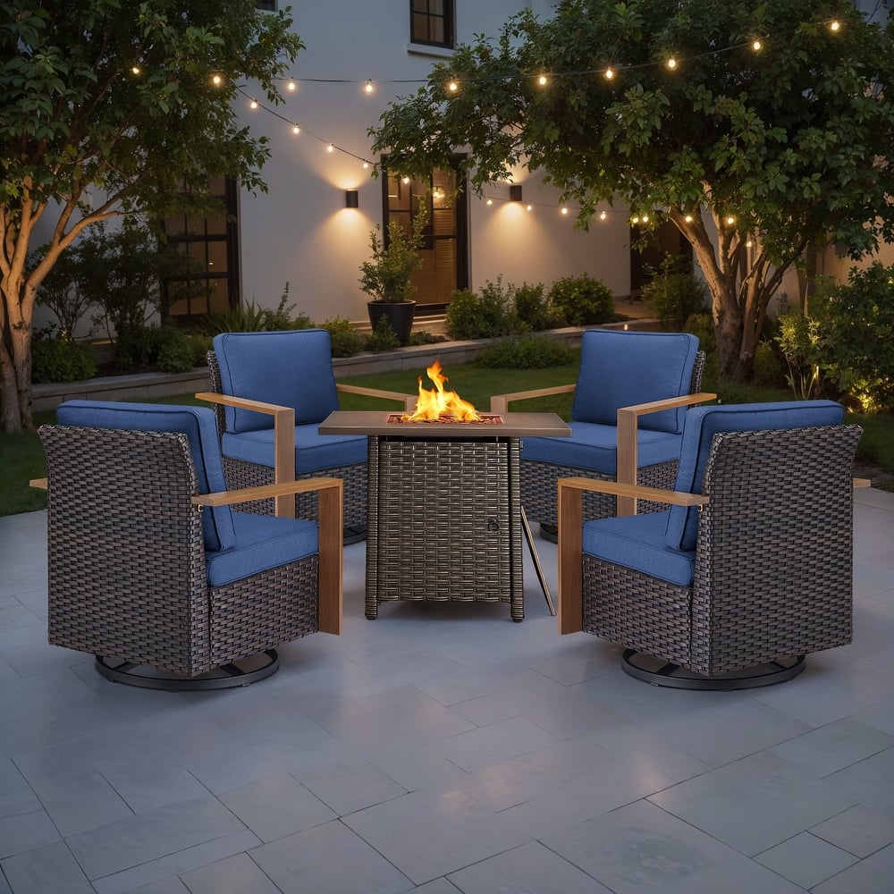 Meyreso 5-Piece Wicker Swivel Glider Fire Pit Set with Plush 4.5" Olefin Cushions