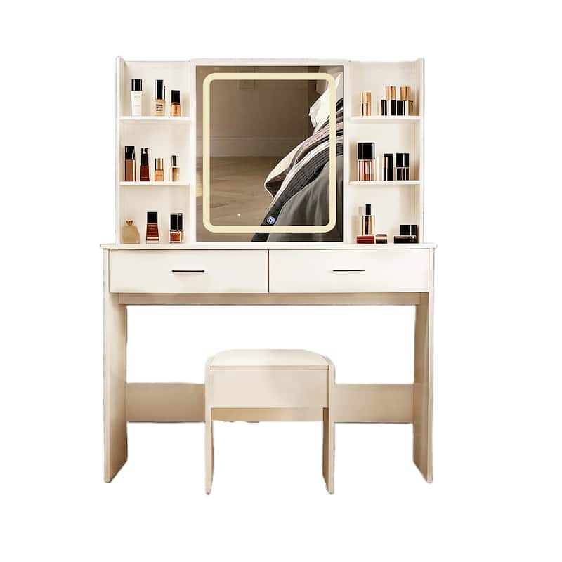 Makeup Vanity with LED Lights, Power Outlet, 2 Drawers, 6 Shelves
