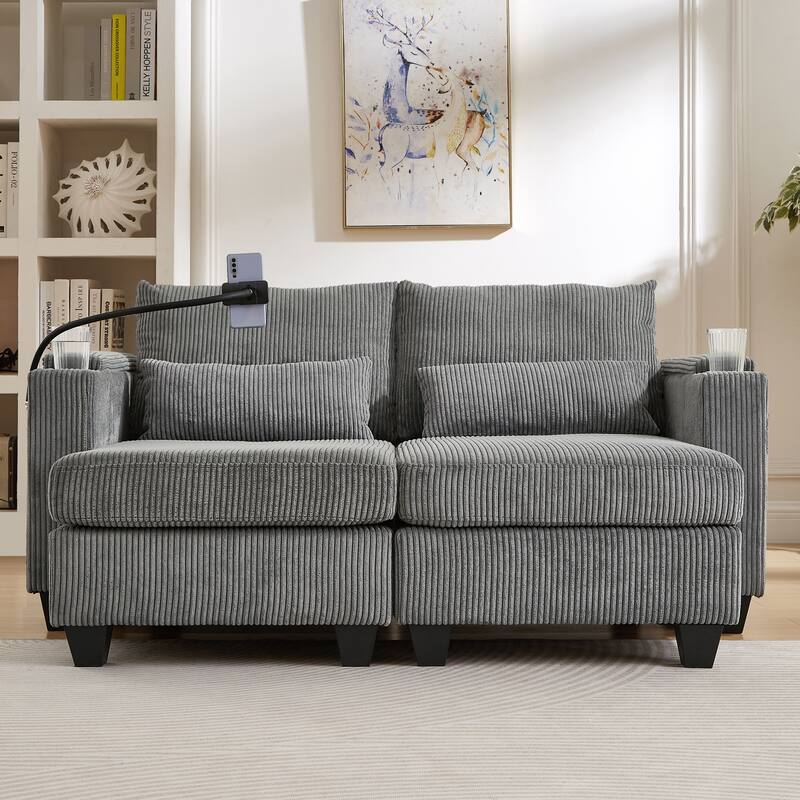 Anmytek 63" Convertible Chaise Lounge Loveseat Sleeper Sofa with USB Ports Cup Holders Phone Holder Storage