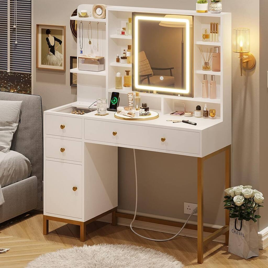 Makeup Vanity with Lights, Desk Openable Mirror & 3-Color Dimmable