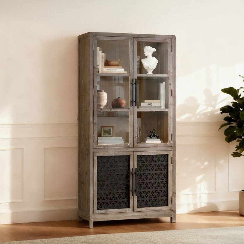 Spruce & Spring Vintage Rustic Solid Wood Tall Display Cabinet, Natural ...
