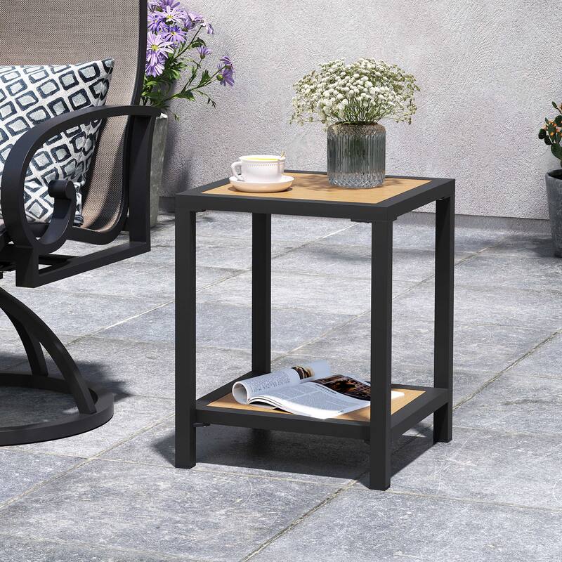 All Weather 2-Tier Patio End Table Outdoor Side Table Aluminum Frame - 15.75" L * 15.75" W * 19.68" H