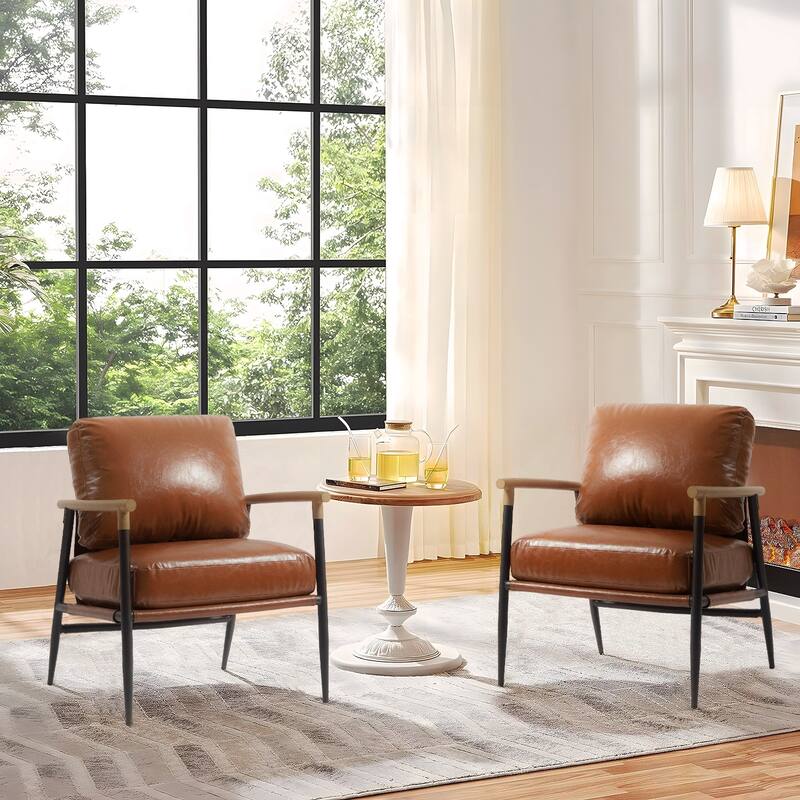 Modern Industrial Metal Frame Upholstered Accent Chair Armchair - 2 SET - Brown PU Leather