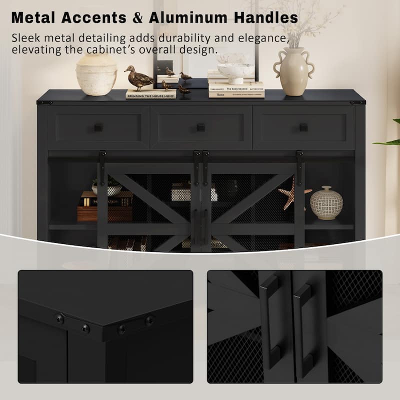 55" Sliding Barn Door Sideboard Cabinet with 3 Drawers and Adjustable Shelves
