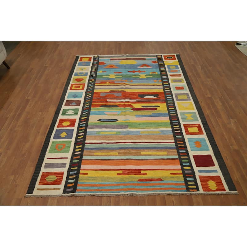 Hand Woven Oriental 100% Wool Carpet Southwestern Tribal Multi-Colored Kilim Area Rug - 9' 7'' X 6' 7''