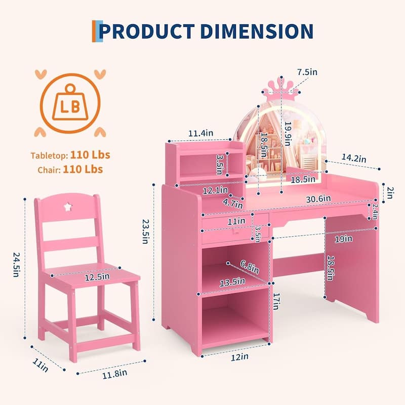 2-in-1 Princess Makeup Vanity Desk & Chair Set for Girls Best Gift