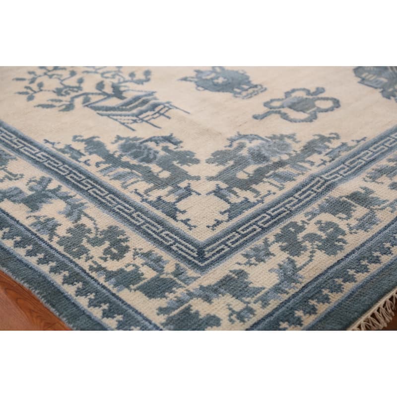 Art Deco Indian Square Rug Hand-Knotted Wool Carpet - 8'1" x 7'11" - 8'1" x 7'11" - Ivory/Beige