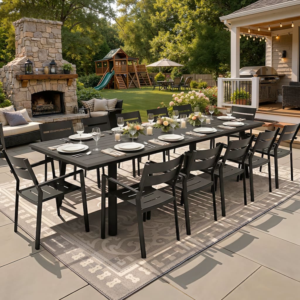 7/9/11/13-Piece Patio Dining Set Outdoor All-Weather Aluminum Dining Table with Umbrella Hole and Stackable Chairs