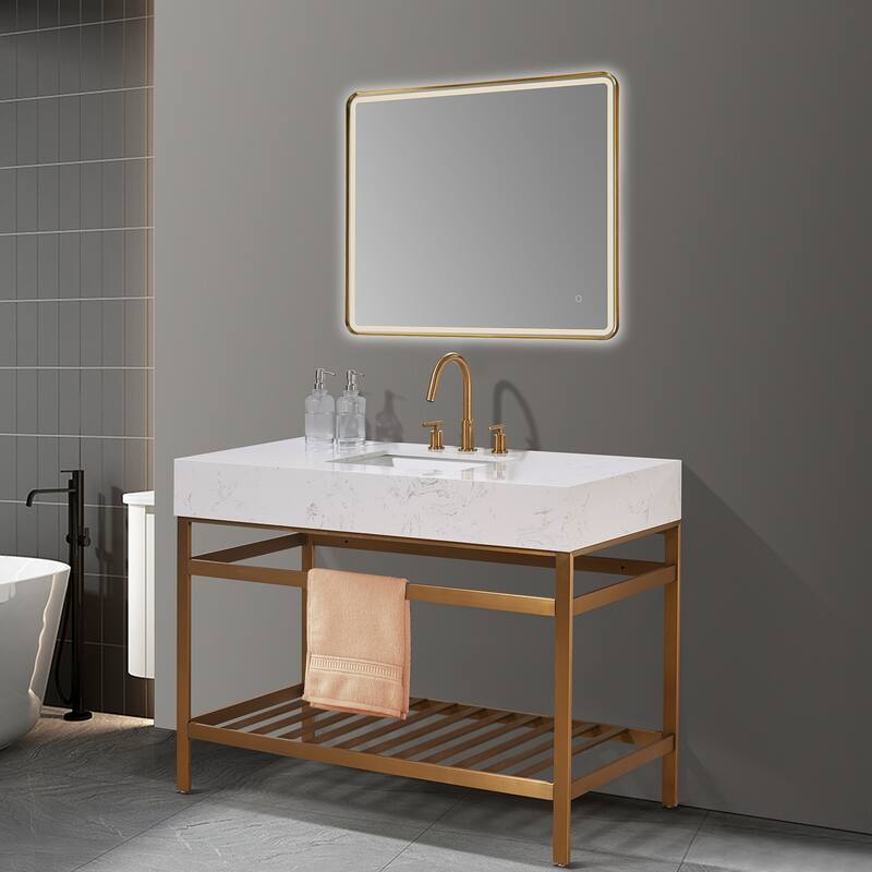 Altair Merano Stainless Steel Vanity Console with Stone Countertop and Mirror