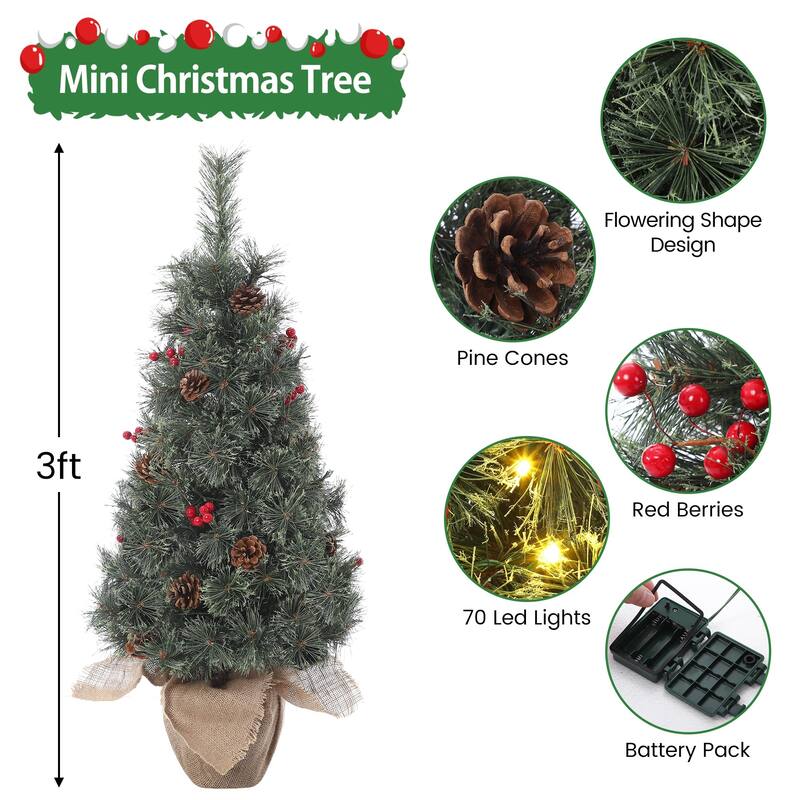 2/ 3ft Artificial Tabletop Christmas Tree with LED Lights with Burlap Base for Dining Room