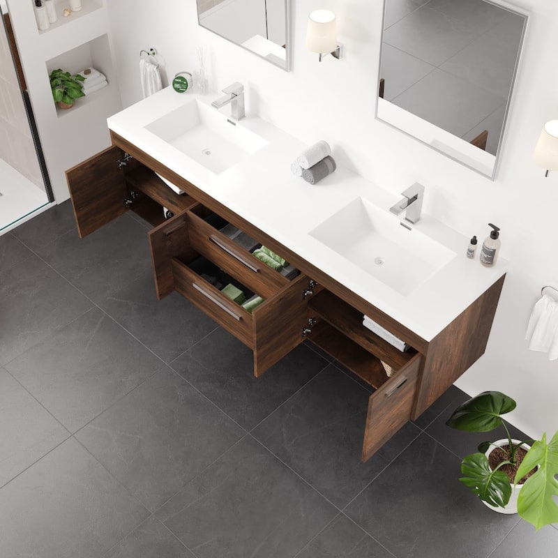 Lugano 72"W Wall Mount Bath Vanity with Acrylic Top & Integrated Sinks
