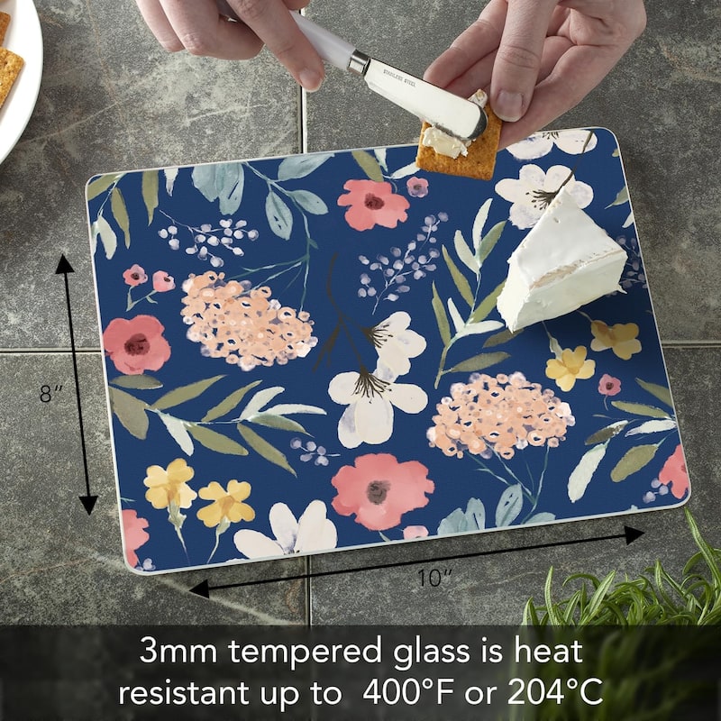 Blue Floral 3mm Heat Tolerant Tempered Glass Cutting Board 10” x 8” Manufactured in the USA Dishwasher Safe