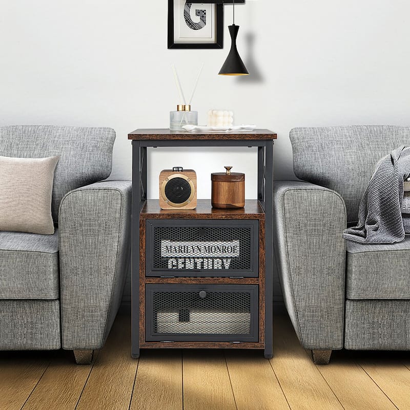 Gymax 2PCS Side End Table Nightstands w/ 2 Open shelves & 2 Flip