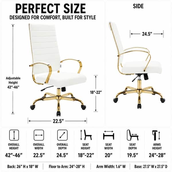 dimension image slide 3 of 8, Benmar Ribbed Leather Executive High Back Office Chair with Gold Frame, Swivel, Tilt, Lumbar Support