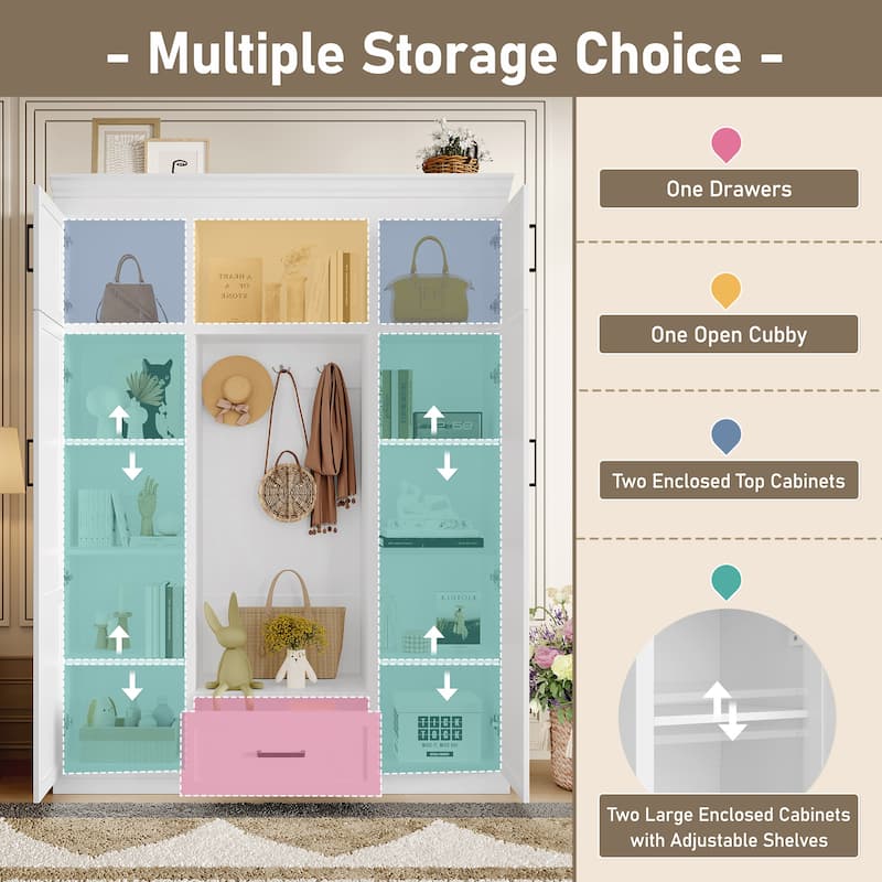 85.2 in Hall Tree with Bench & 3 Hooks, Entryway Cabinet with 4 Doors, 1 Drawer, Adjustable Shelves, 63 in Wide